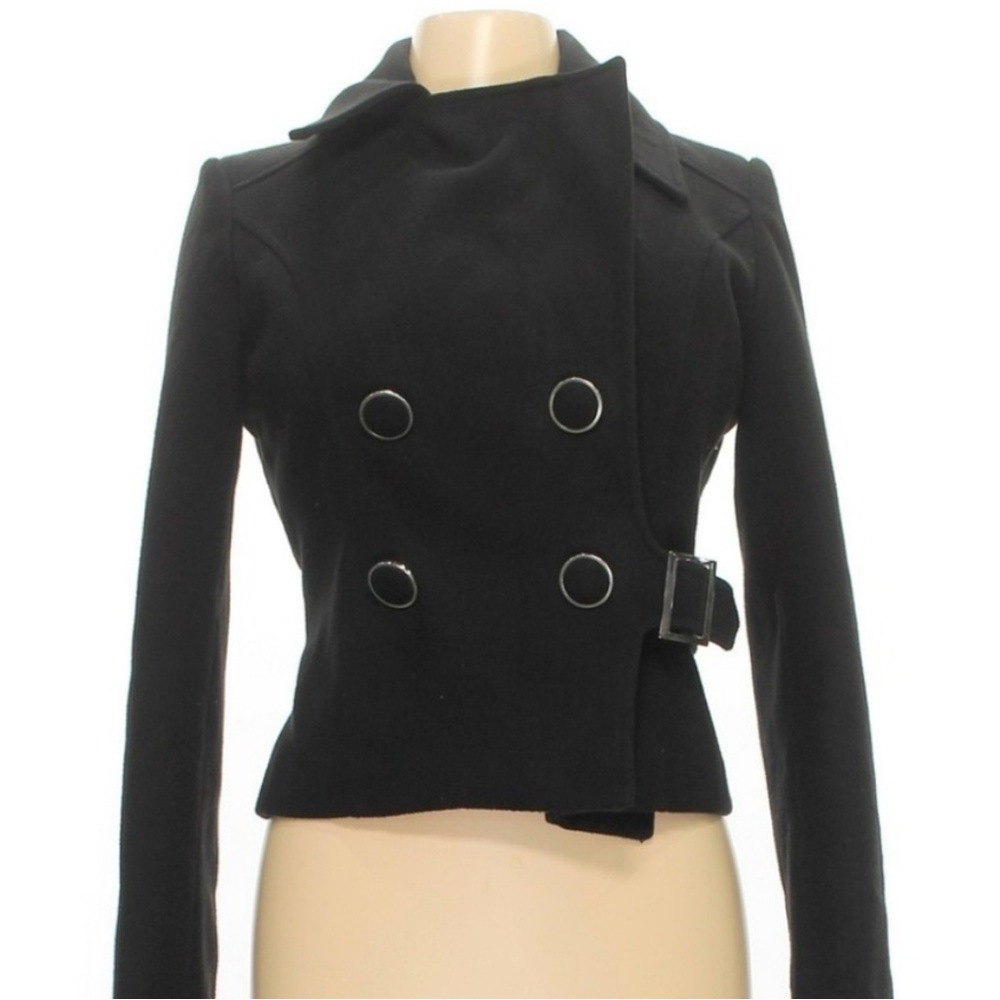 Anthropologie Mür Mür cropped belted black pea coat size medium zip closure